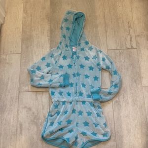 Fun fuzzy zip up, hooded turquoise romper! 🤍